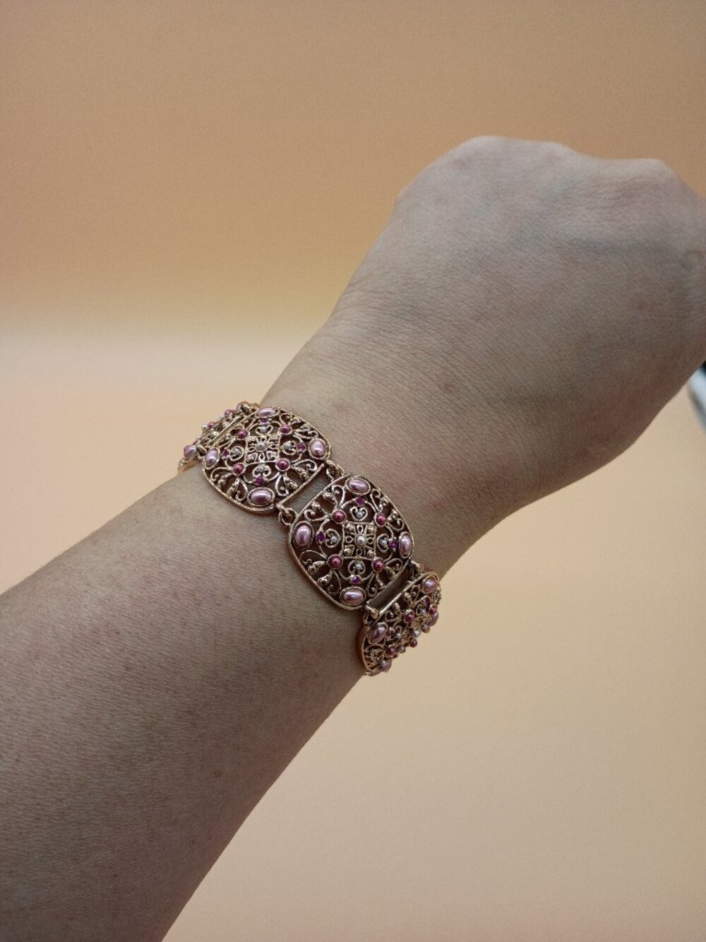 Pretty Pink and Gold Tone Filagree Bracelet Vintage Y2K Fashion Jewelry